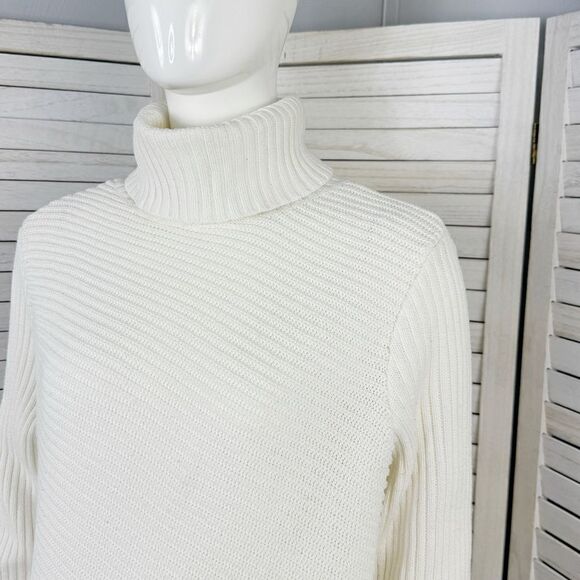 Express Ribbed Asymmetrical Hem Split Side Long Sweater Cream Large Turtle Neck - Picture 6 of 14